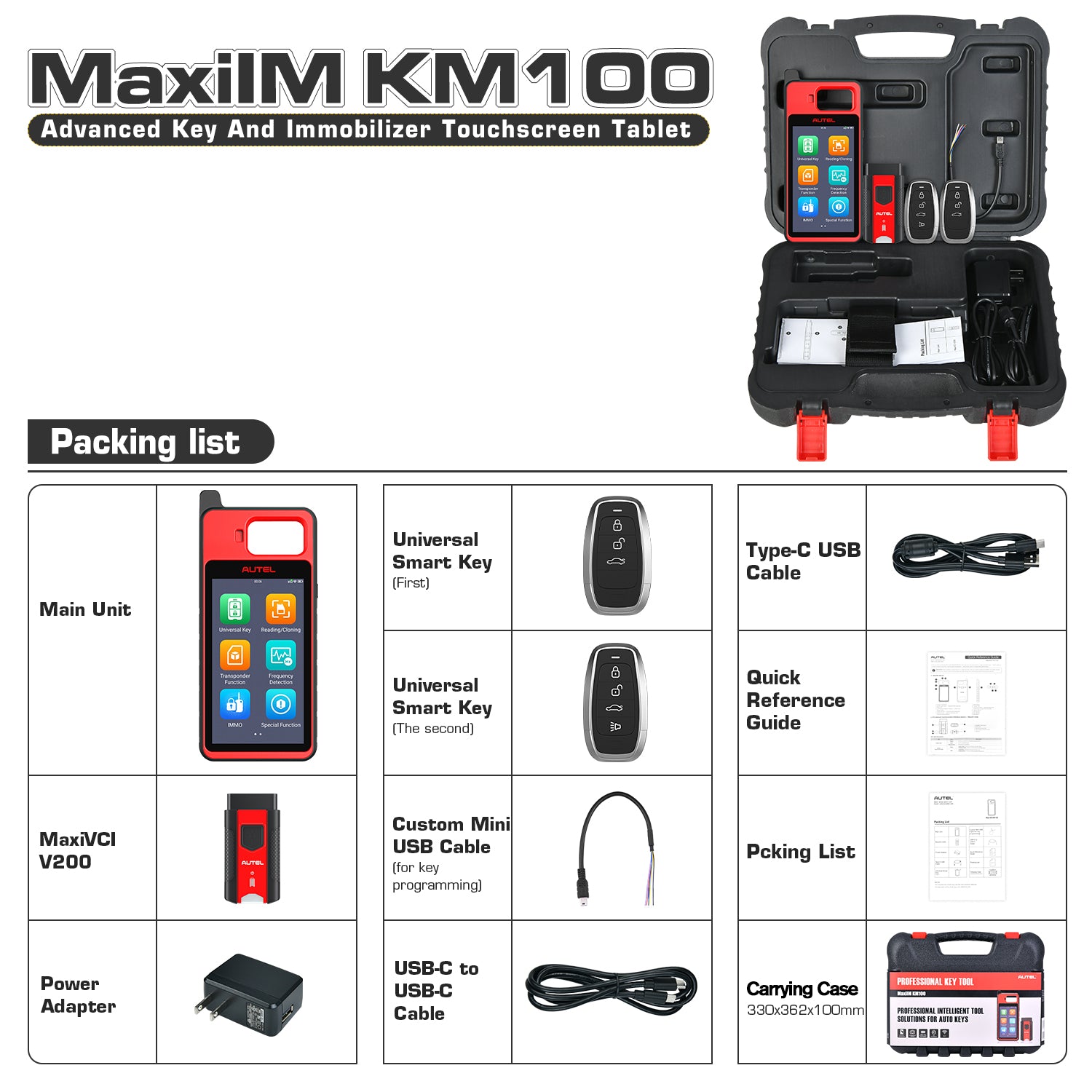 autel maxiim km100 key programming tool package list