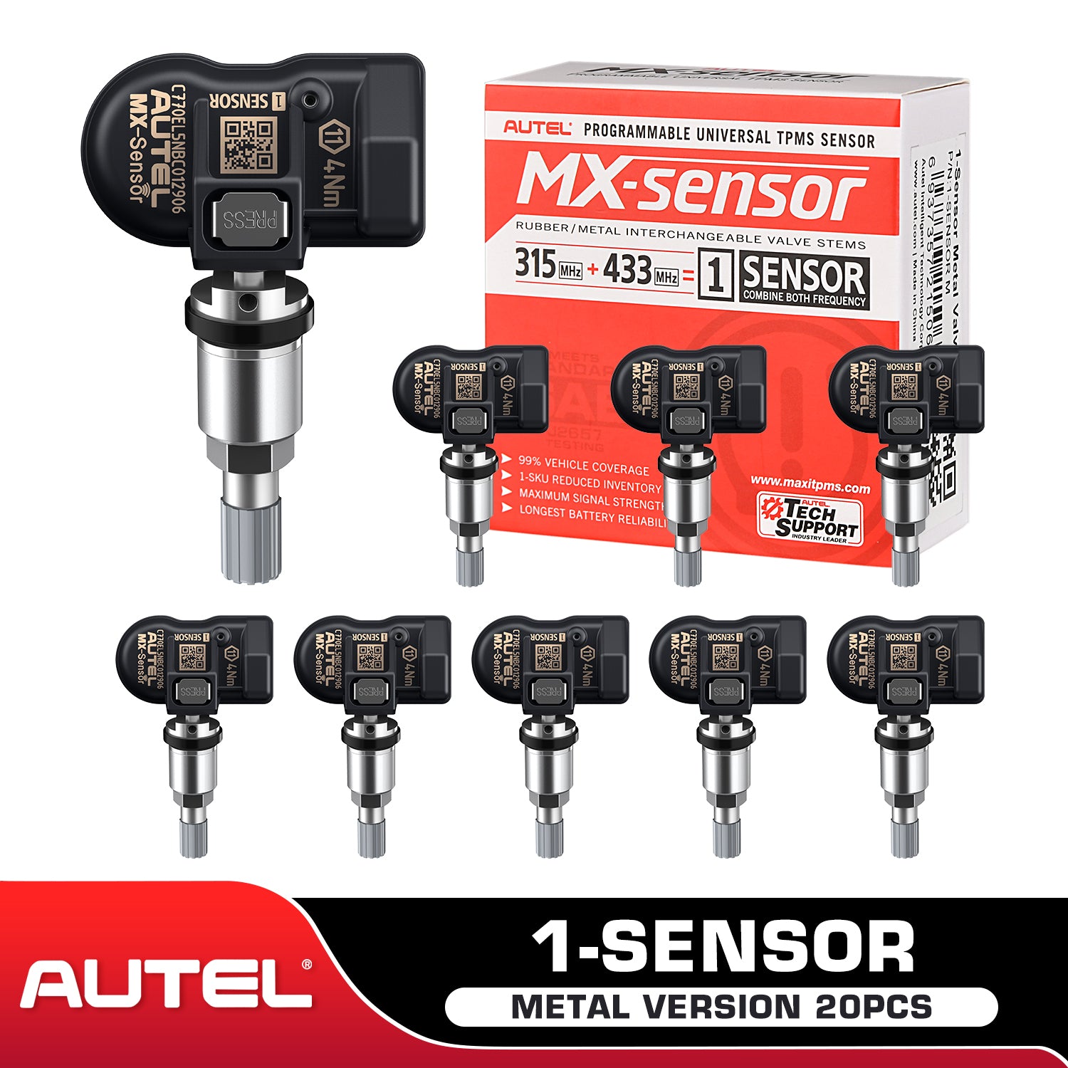[20PCS]Autel 1-Sensor 2 in 1 MX-Sensor (315MHz + 433MHz) 100% Cloneable TPMS Programmable Sensors (Metal Version)