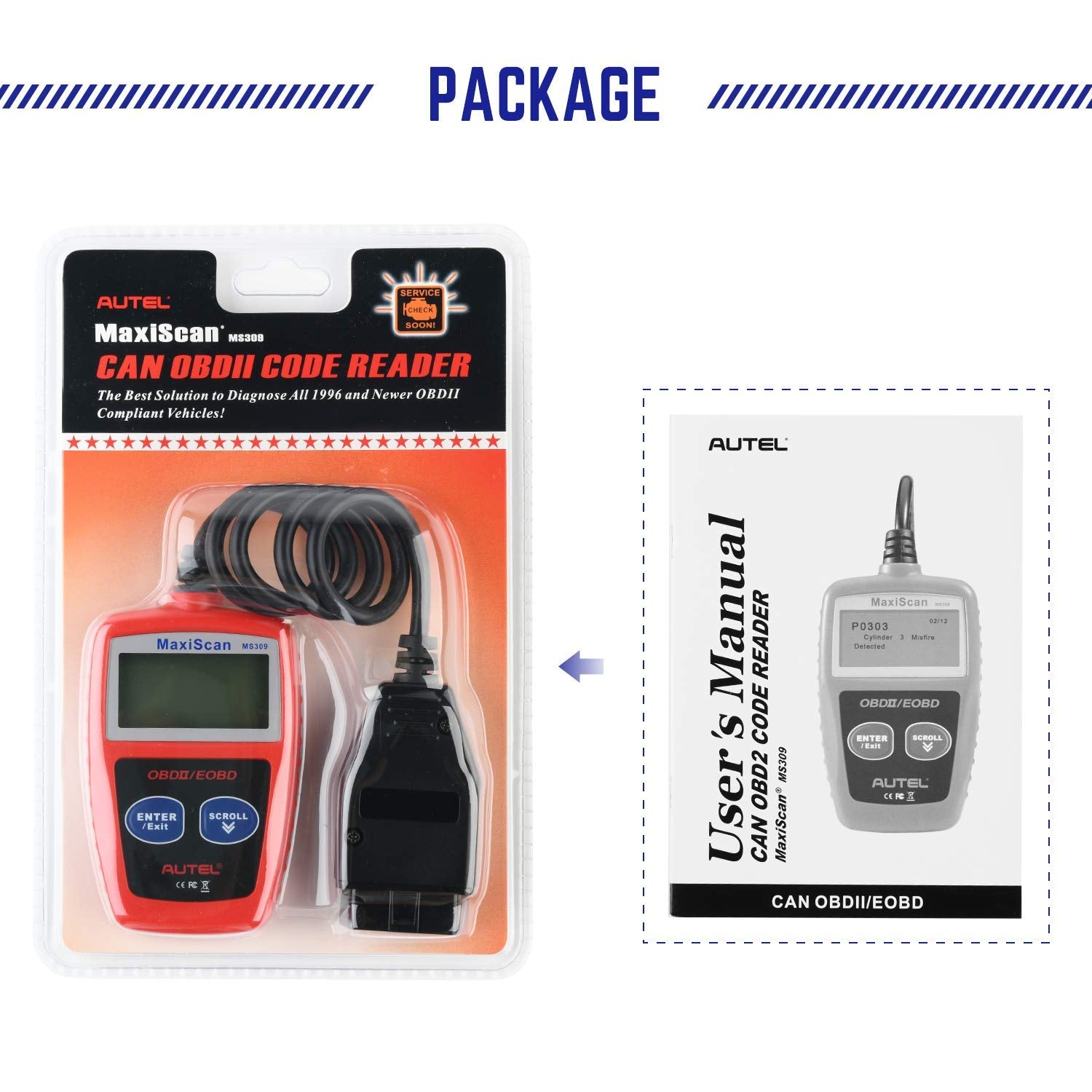 Autel MaxiScan MS309 Car Code Reader Check/ Clear Engine Fault Codes Universal OBD2 Diagnostic Scanner